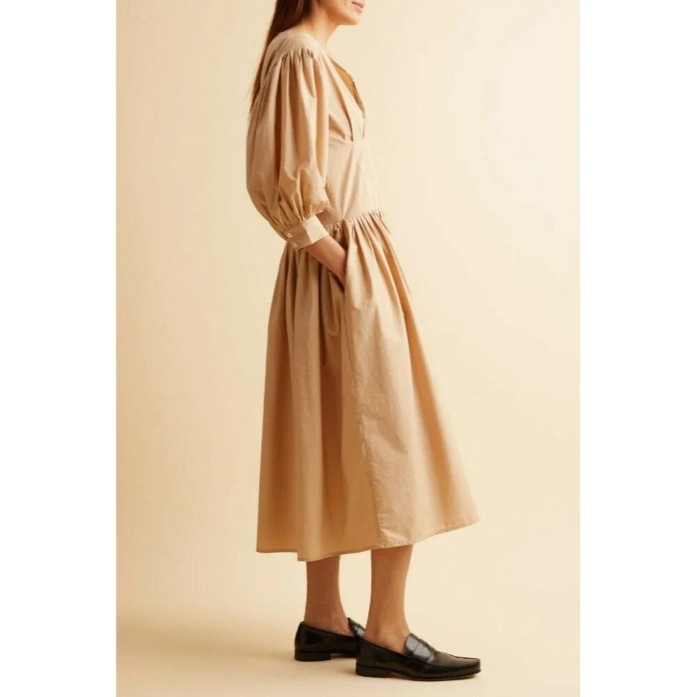 Merlette Montague Midi Dress Puff Sleeve Sandstone Beige Cotton Resort XS 216478 - Picture 3 of 10